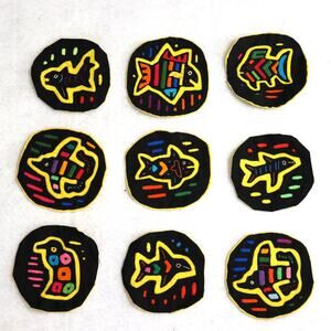 Set of‎ 9 Vintage Kuna Mola Fish Patches Hand Stitched 3.5" Round